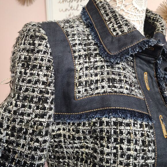 Flawless Morgan de toi unique tweed denim fringe unique jacket blazer T 40 L - Picture 10 of 13